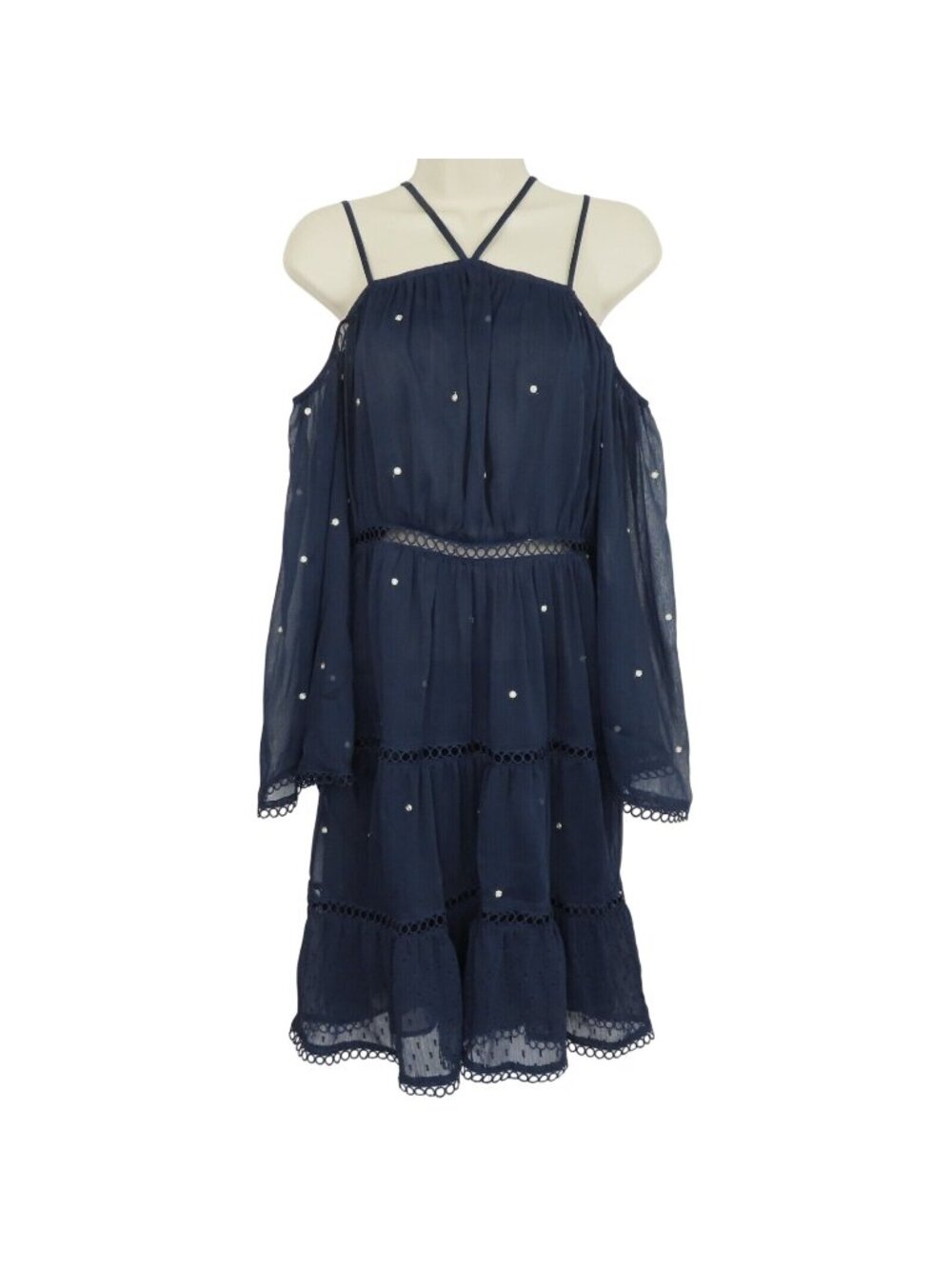Aqua Women Small Navy Blue Polka Dot Dotted Cold Shoulder Long Sleeve Dress NEW